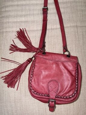 Patricia Nash Karis Leather Whipstitch Saddle Bag in a rich red/berry
